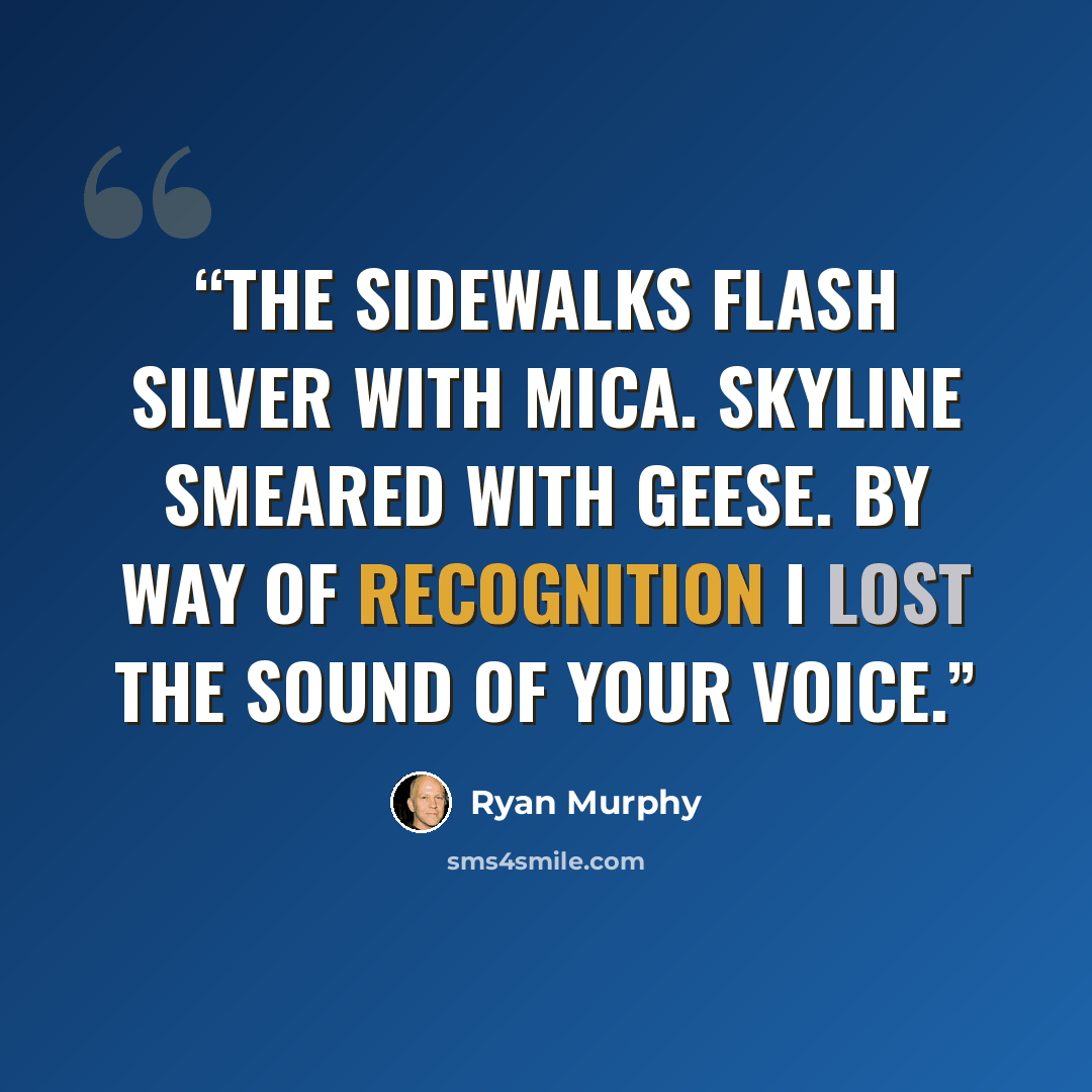 “The sidewalks flash silver with mica. Skyline smeared with geese. By way of recognition I lost the sound of your voice.” quote by Ryan Murphy
