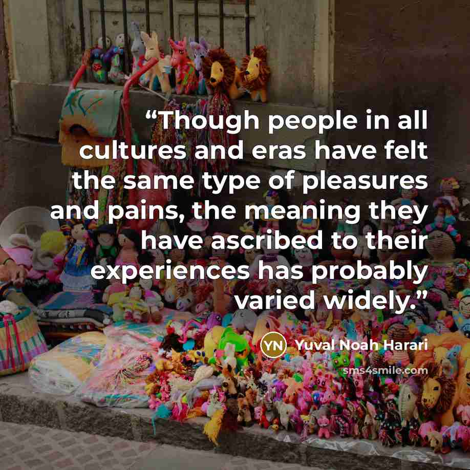 “Though people in all cultures and eras have felt the same type of pleasures and pains, the meaning they have ascribed to their experiences has probably varied widely.” quote by Yuval Noah Harari