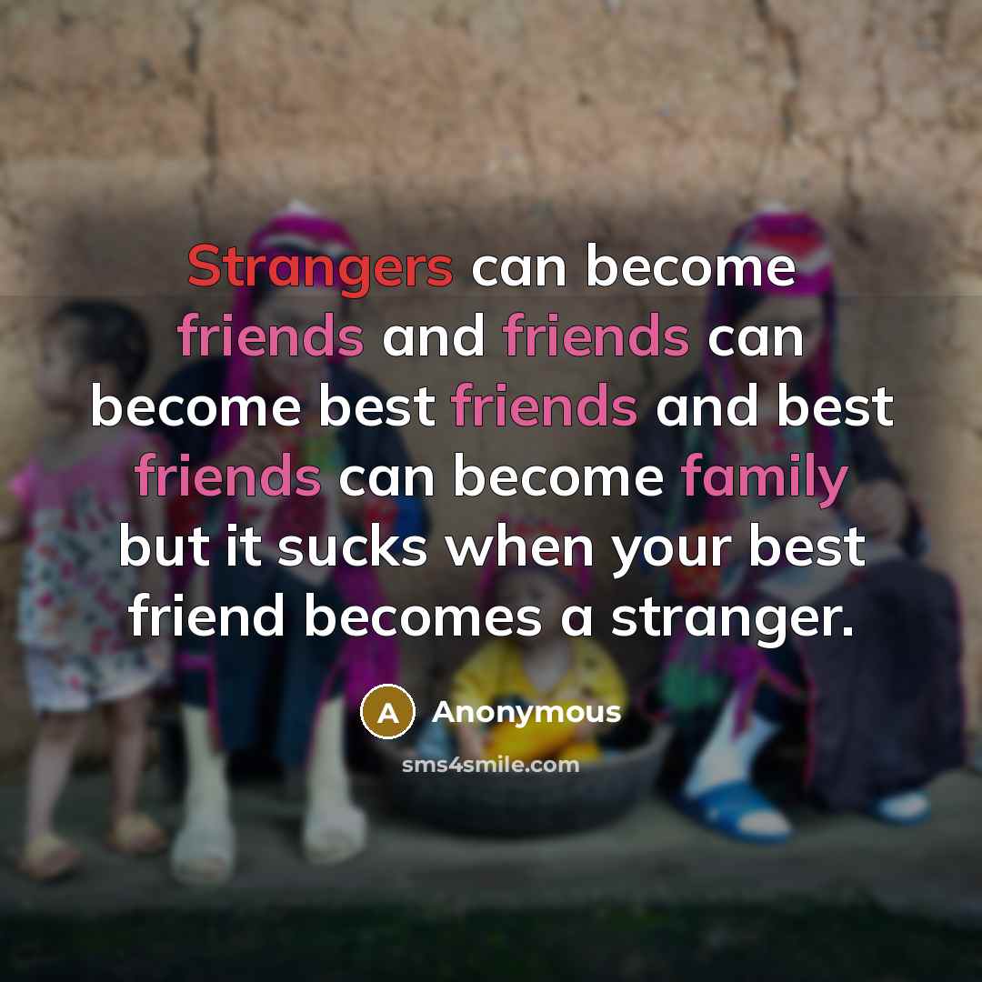 “Strangers can become friends and friends can become best friends and best friends can become family but it sucks when your best friend becomes a stranger.” quote by Anonymous