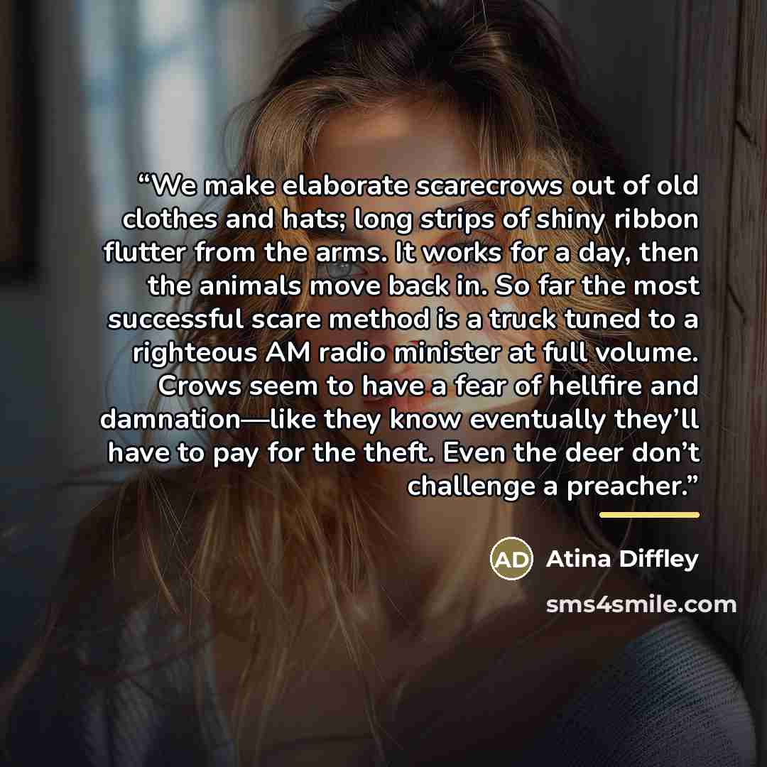 “We make elaborate scarecrows out of old clothes and hats; long strips of shiny ribbon flutter from the arms. It works for a day, then the animals move back in. So far the most successful scare method is a truck tuned to a righteous AM radio minister at full volume. Crows seem to have a fear of…” quote by Atina Diffley