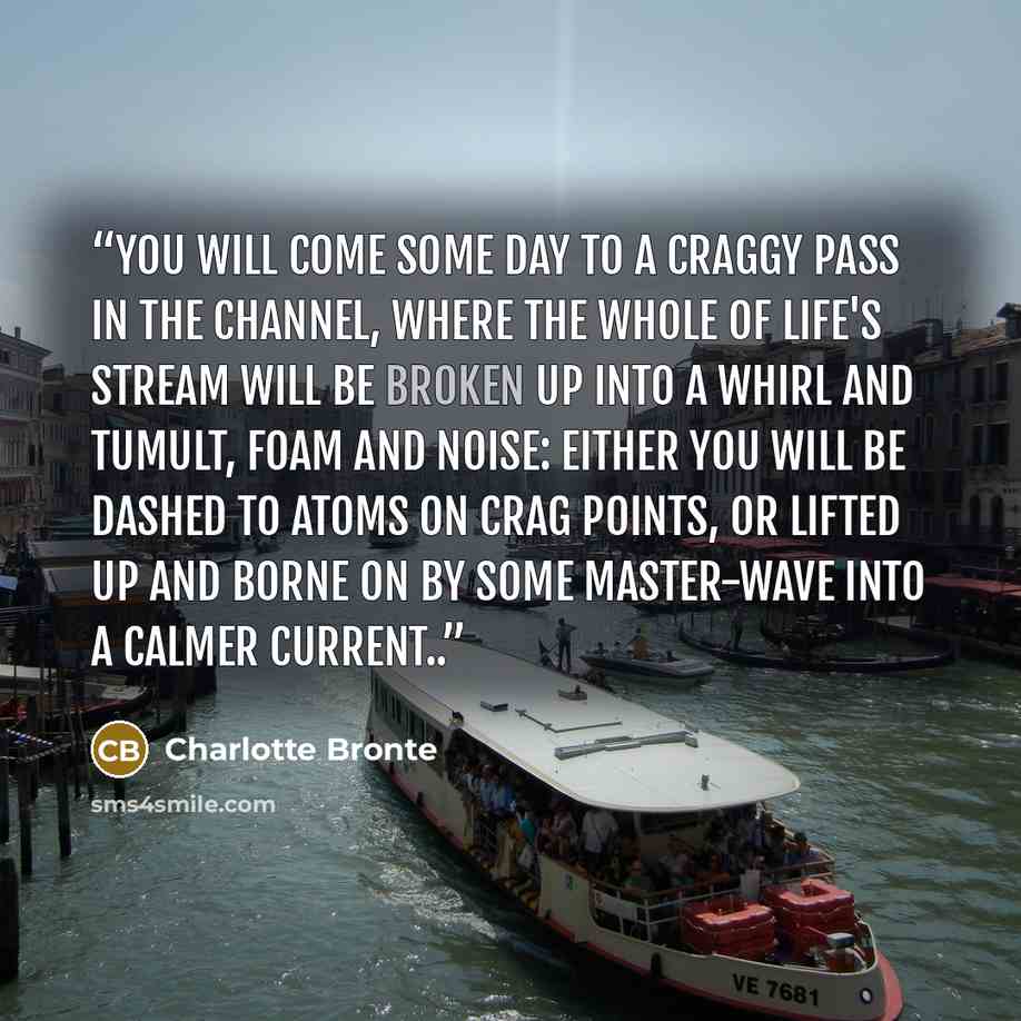 “You will come some day to a craggy pass in the channel, where the whole of life's stream will be broken up into a whirl and tumult, foam and noise: either you will be dashed to atoms on crag points, or lifted up and borne on by some master-wave into a calmer current..” quote by Charlotte Brontë