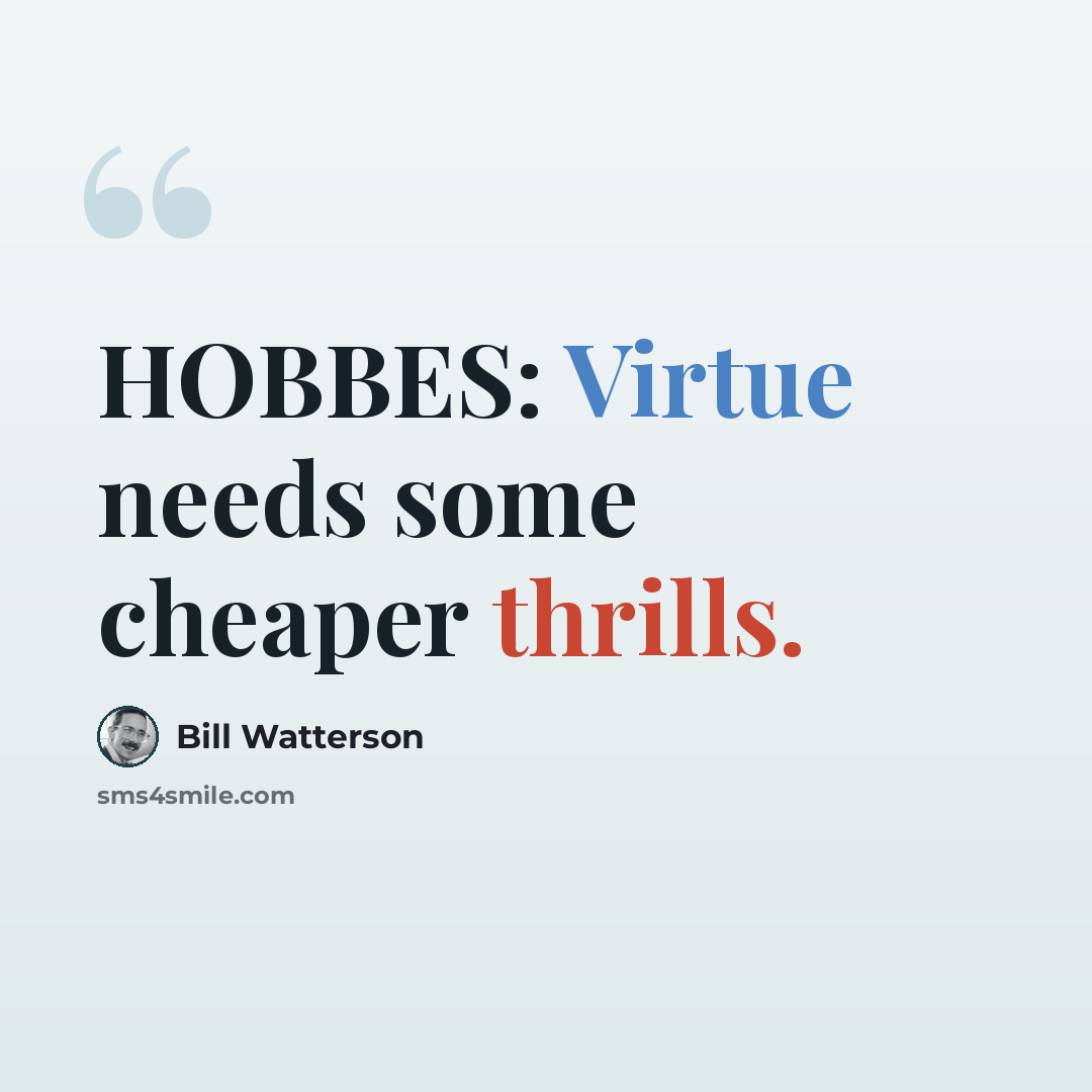 “HOBBES: Virtue needs some cheaper thrills.” quote by Bill Watterson