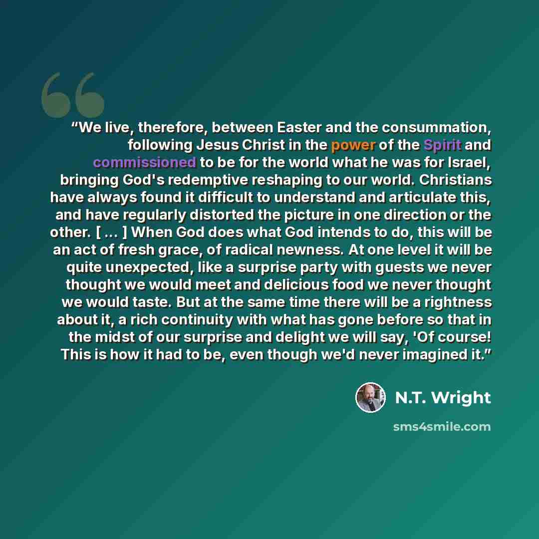 “We live, therefore, between Easter and the consummation, following Jesus Christ in the power of the Spirit and commissioned to be for the world what he was for Israel, bringing God's redemptive reshaping to our world. Christians have always found it difficult to understand and articulate this, and…” quote by N.T. Wright
