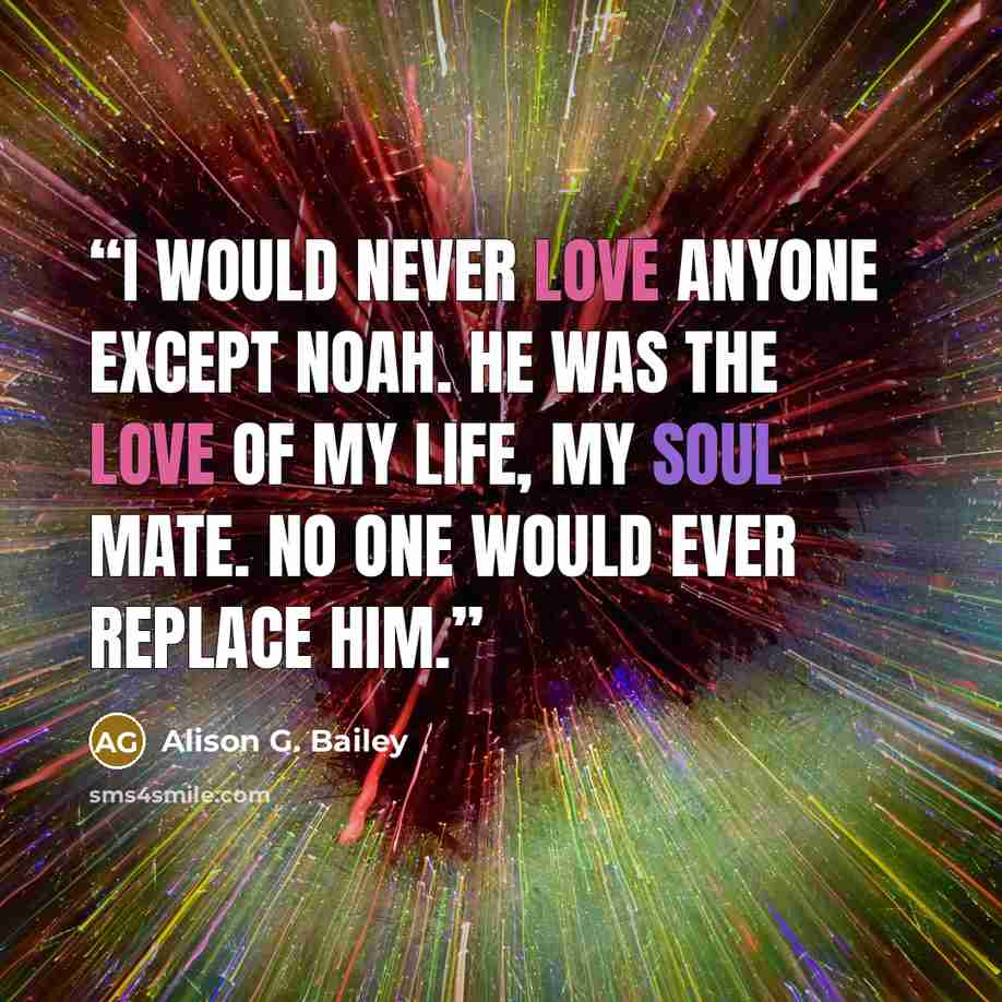 “I would never love anyone except Noah. He was the love of my life, my soul mate. No one would ever replace him.” quote by Alison G. Bailey