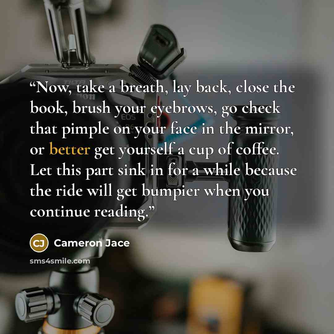 “Now, take a breath, lay back, close the book, brush your eyebrows, go check that pimple on your face in the mirror, or better get yourself a cup of coffee. Let this part sink in for a while because the ride will get bumpier when you continue reading.” quote by Cameron Jace