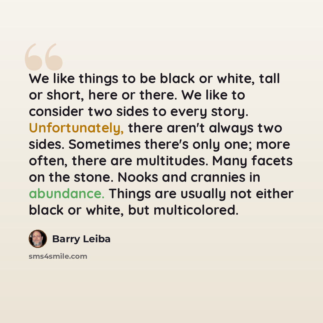 “We like things to be black or white, tall or short, here or there. We like to consider two sides to every story. Unfortunately, there aren't always two sides. Sometimes there's only one; more often, there are multitudes. Many facets on the stone. Nooks and crannies in abundance. Things are usually…” quote by Barry Leiba