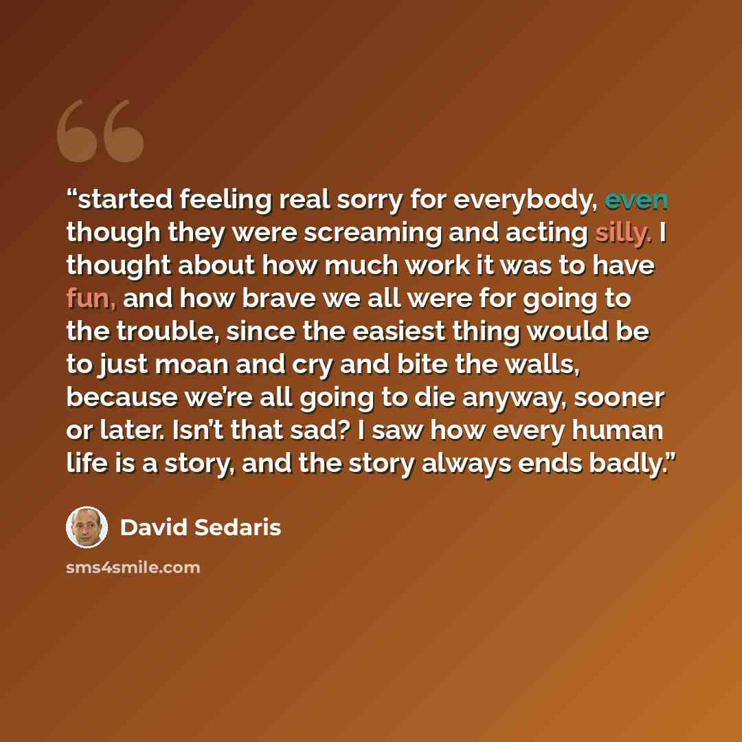 “started feeling real sorry for everybody, even though they were screaming and acting silly. I thought about how much work it was to have fun, and how brave we all were for going to the trouble, since the easiest thing would be to just moan and cry and bite the walls, because we’re all going to die…” quote by David Sedaris