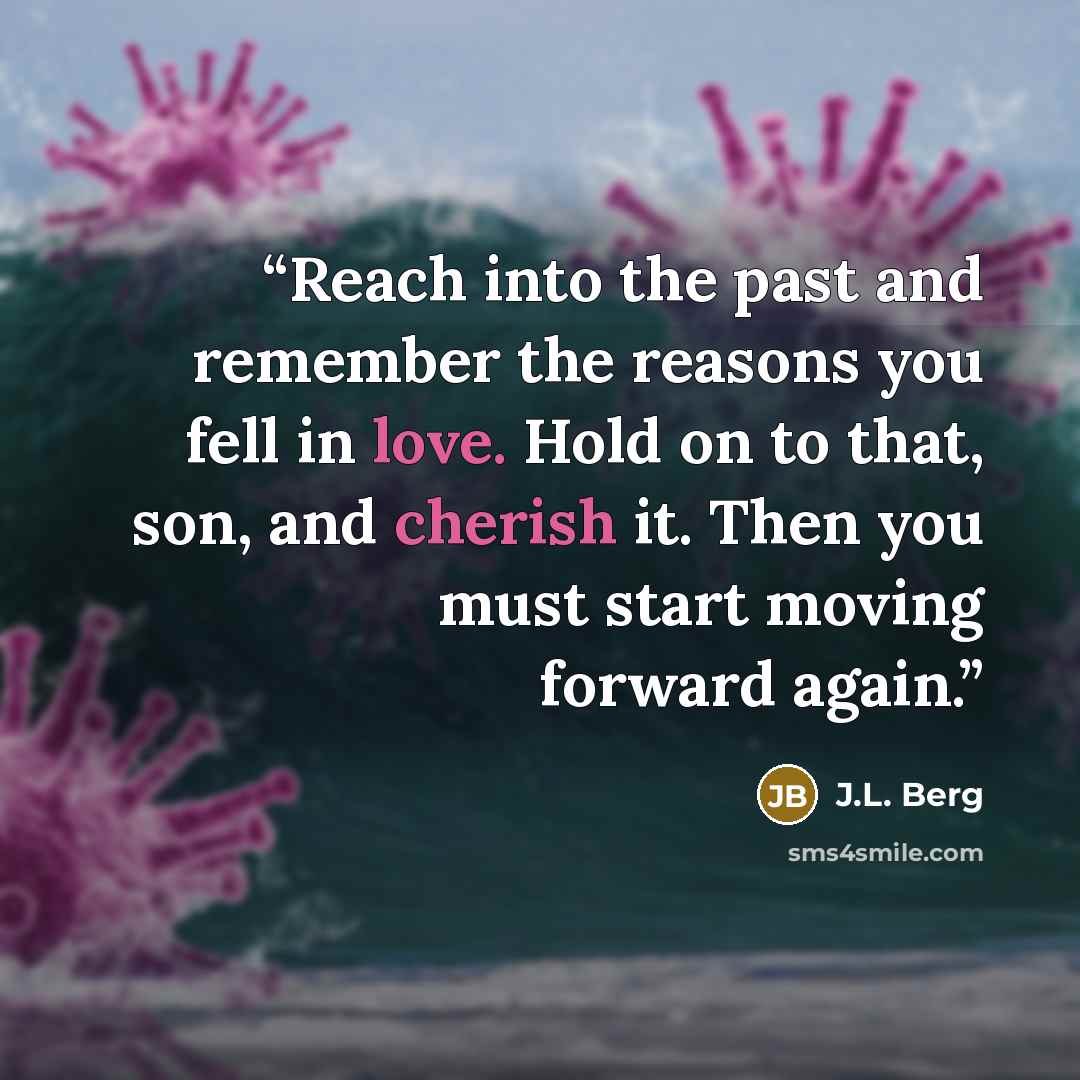 “Reach into the past and remember the reasons you fell in love. Hold on to that, son, and cherish it. Then you must start moving forward again.” quote by J.L. Berg