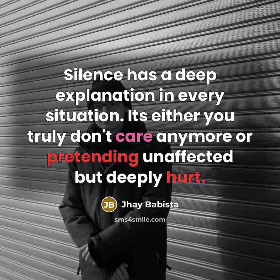 “Silence has a deep explanation in every situation. Its either you truly don't care anymore or pretending unaffected but deeply hurt.” quote by Jhay Babista