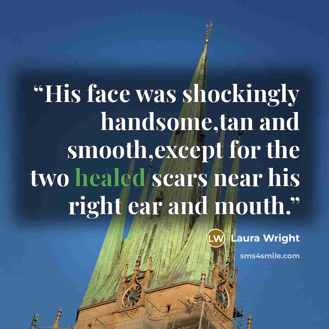 “His face was shockingly handsome,tan and smooth,except for the two healed scars near his right ear and mouth.” quote by Laura Wright