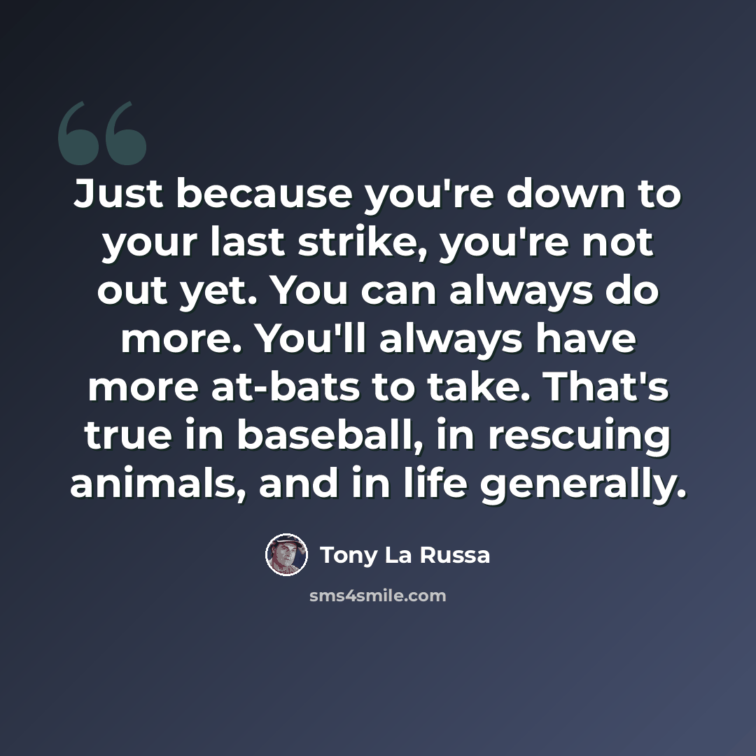 “Just because you're down to your last strike, you're not out yet. You can always do more. You'll always have more at-bats to take. That's true in baseball, in rescuing animals, and in life generally.” quote by Tony La Russa