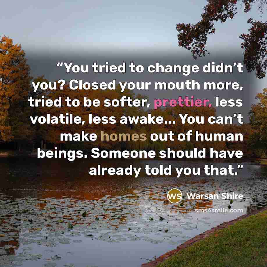 “You tried to change didn’t you? Closed your mouth more, tried to be softer, prettier, less volatile, less awake... You can’t make homes out of human beings. Someone should have already told you that.” quote by Warsan Shire