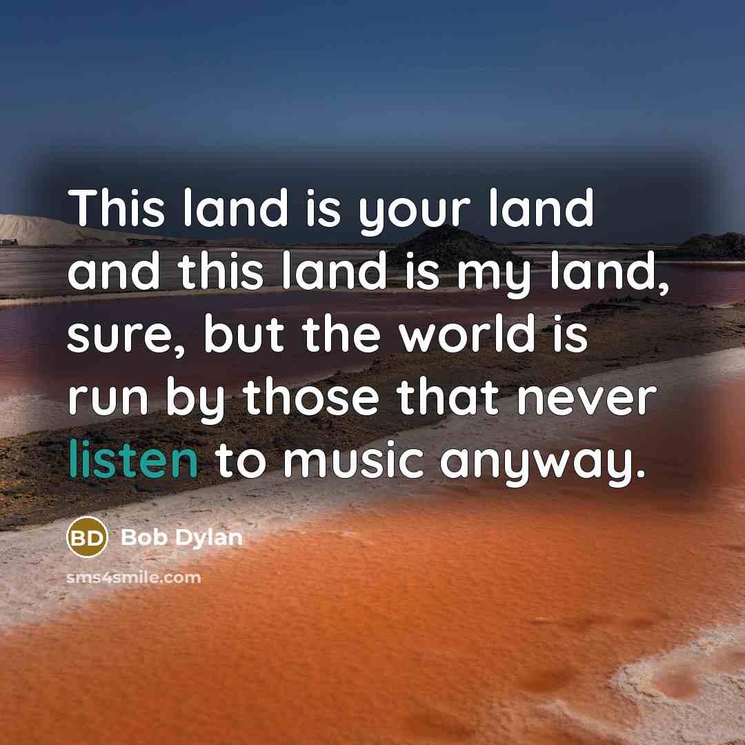 “This land is your land and this land is my land, sure, but the world is run by those that never listen to music anyway.” quote by Bob Dylan