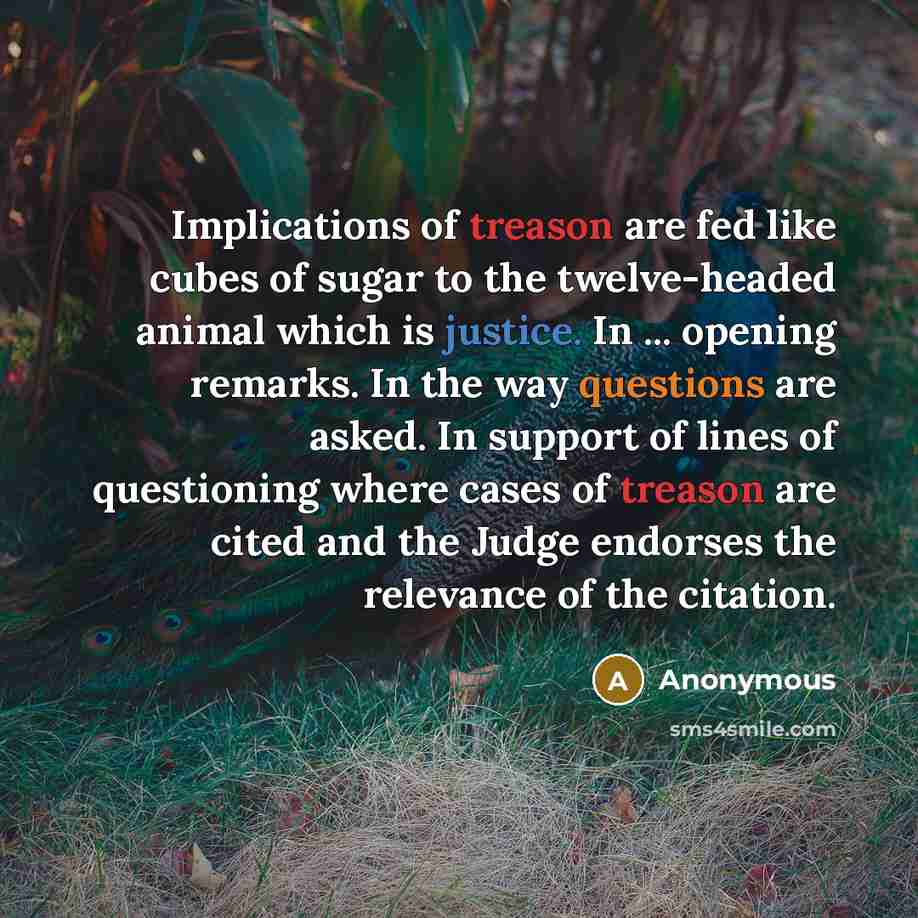 “Implications of treason are fed like cubes of sugar to the twelve-headed animal which is justice. In ... opening remarks. In the way questions are asked. In support of lines of questioning where cases of treason are cited and the Judge endorses the relevance of the citation.” quote by Anonymous
