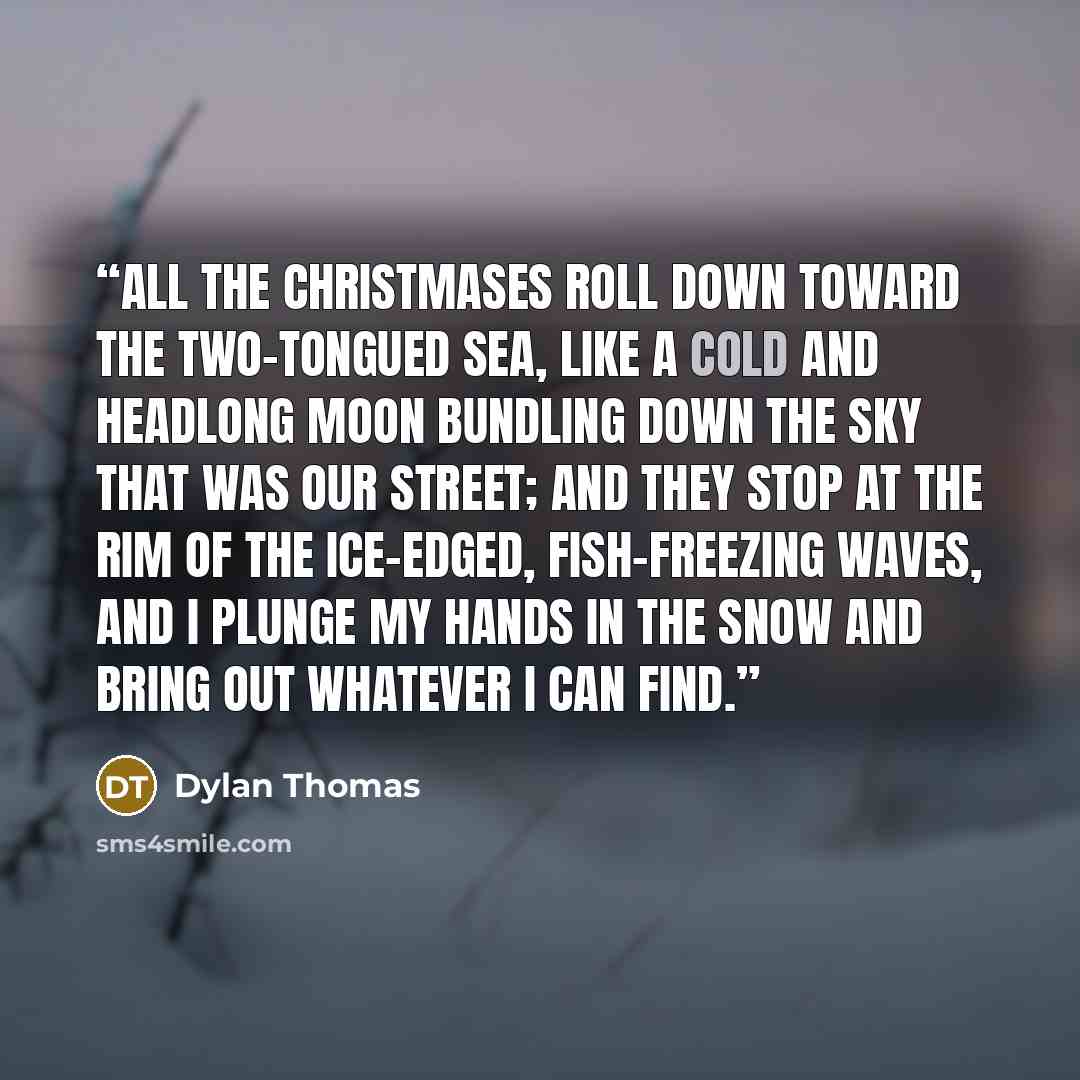 “All the Christmases roll down toward the two-tongued sea, like a cold and headlong moon bundling down the sky that was our street; and they stop at the rim of the ice-edged, fish-freezing waves, and I plunge my hands in the snow and bring out whatever I can find.” quote by Dylan Thomas