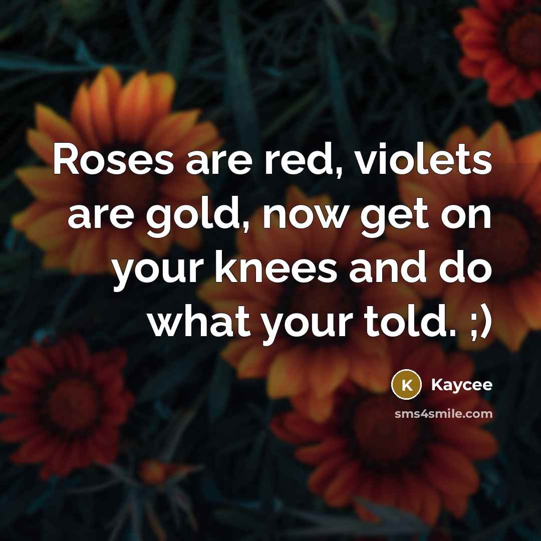 “Roses are red, violets are gold, now get on your knees and do what your told. ;)” quote by Kaycee