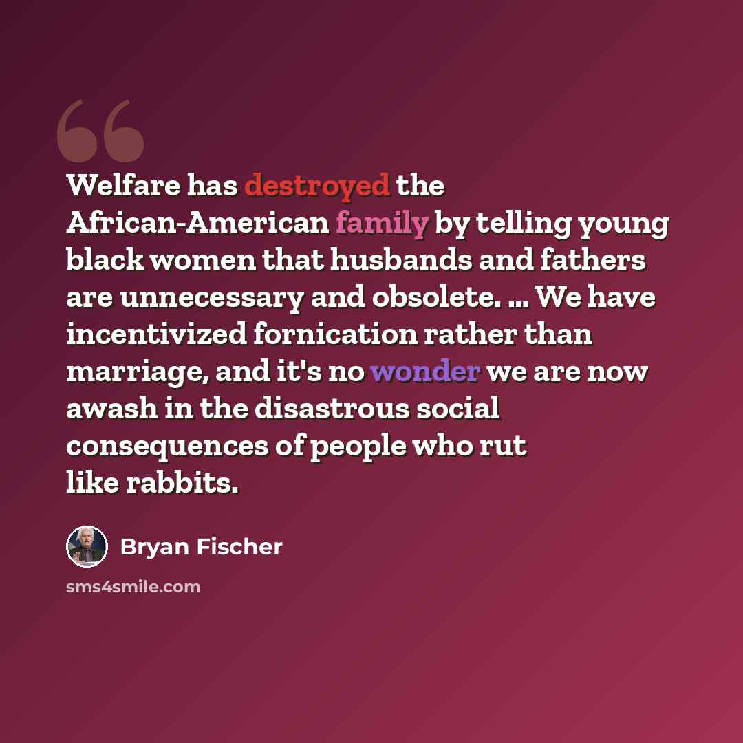“Welfare has destroyed the African-American family by telling young black women that husbands and fathers are unnecessary and obsolete. … We have incentivized fornication rather than marriage, and it's no wonder we are now awash in the disastrous social consequences of people who rut like rabbits.” quote by Bryan Fischer