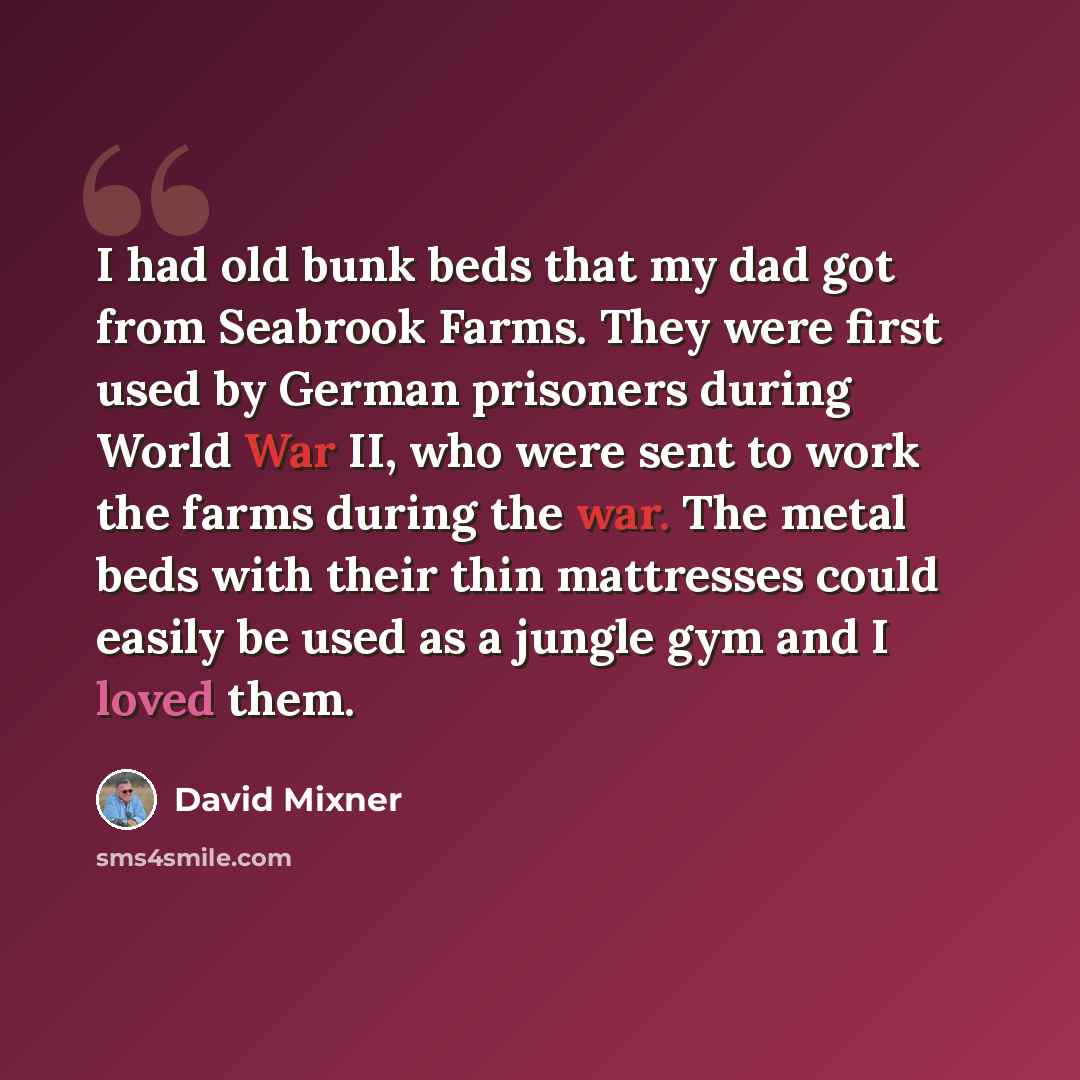 “I had old bunk beds that my dad got from Seabrook Farms. They were first used by German prisoners during World War II, who were sent to work the farms during the war. The metal beds with their thin mattresses could easily be used as a jungle gym and I loved them.” quote by David Mixner