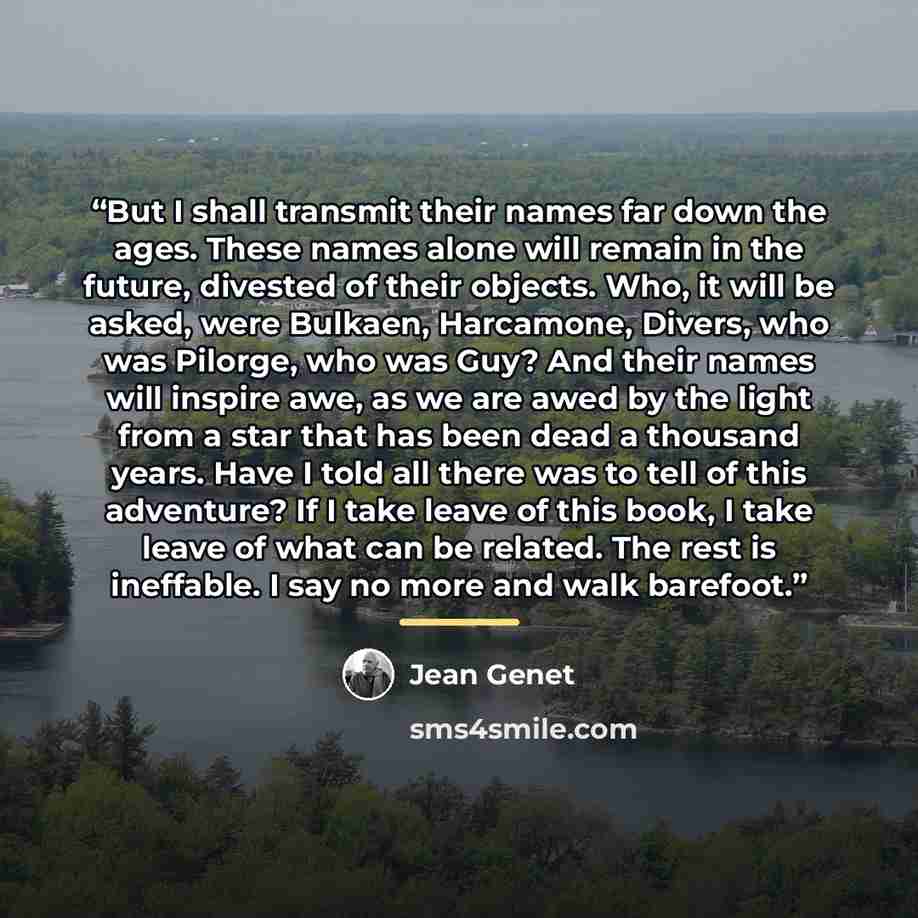 “But I shall transmit their names far down the ages. These names alone will remain in the future, divested of their objects. Who, it will be asked, were Bulkaen, Harcamone, Divers, who was Pilorge, who was Guy? And their names will inspire awe, as we are awed by the light from a star that has been…” quote by Jean Genet