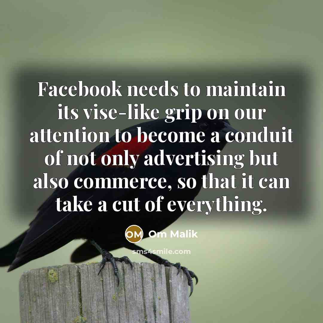 “Facebook needs to maintain its vise-like grip on our attention to become a conduit of not only advertising but also commerce, so that it can take a cut of everything.” quote by Om Malik
