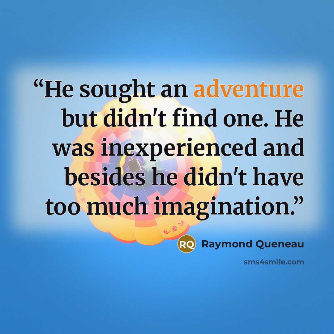 “He sought an adventure but didn't find one. He was inexperienced and besides he didn't have too much imagination.” quote by Raymond Queneau