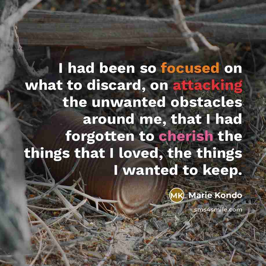 “I had been so focused on what to discard, on attacking the unwanted obstacles around me, that I had forgotten to cherish the things that I loved, the things I wanted to keep.” quote by Marie Kondo