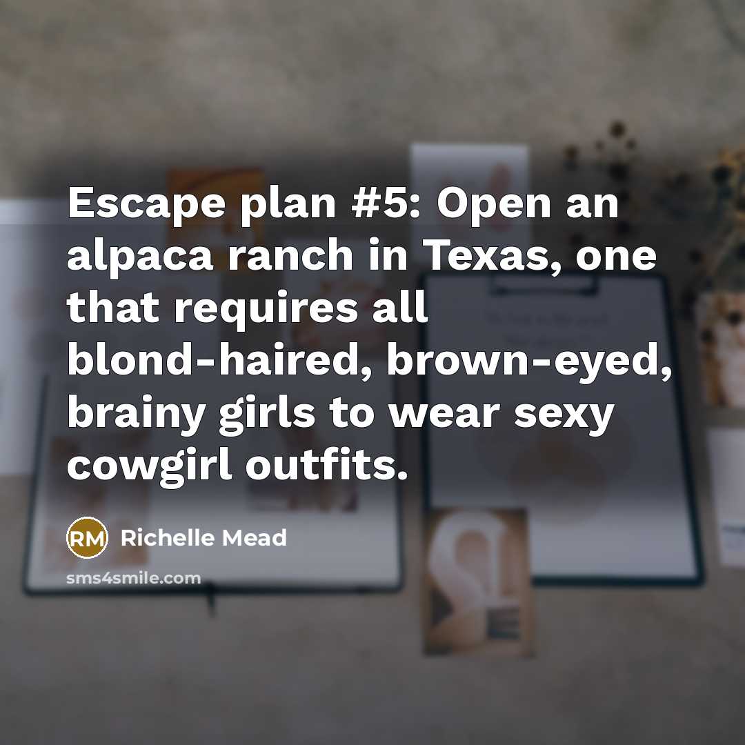 “Escape plan #5: Open an alpaca ranch in Texas, one that requires all blond-haired, brown-eyed, brainy girls to wear sexy cowgirl outfits.” quote by Richelle Mead