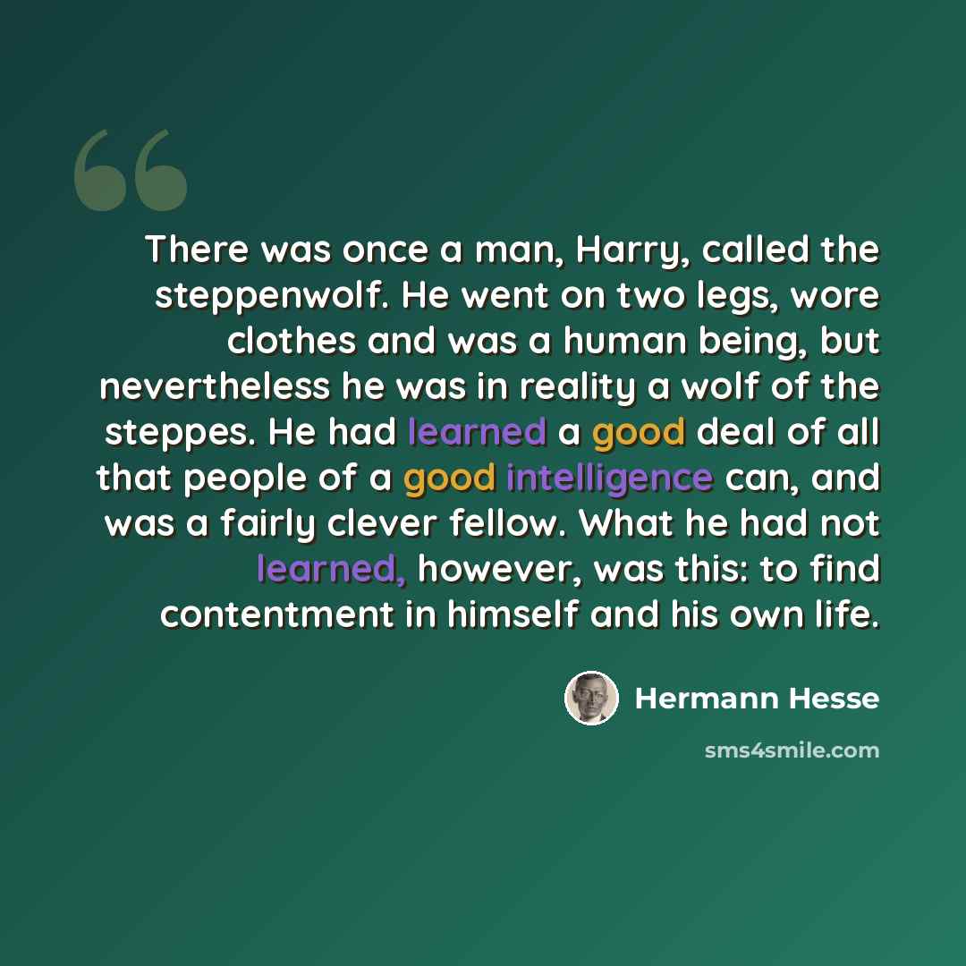 “There was once a man, Harry, called the steppenwolf. He went on two legs, wore clothes and was a human being, but nevertheless he was in reality a wolf of the steppes. He had learned a good deal of all that people of a good intelligence can, and was a fairly clever fellow. What he had not learned…” quote by Hermann Hesse