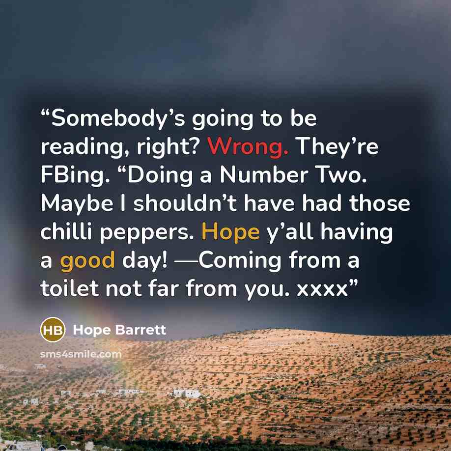 “Somebody’s going to be reading, right? Wrong. They’re FBing. “Doing a Number Two. Maybe I shouldn’t have had those chilli peppers. Hope y’all having a good day! —Coming from a toilet not far from you. xxxx” quote by Hope Barrett