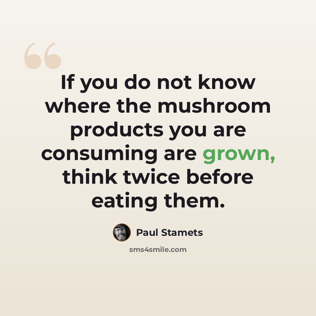 “If you do not know where the mushroom products you are consuming are grown, think twice before eating them.” quote by Paul Stamets