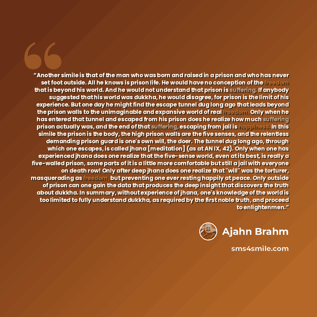 “Another simile is that of the man who was born and raised in a prison and who has never set foot outside. All he knows is prison life. He would have no conception of the freedom that is beyond his world. And he would not understand that prison is suffering. If anybody suggested that his world was…” quote by Ajahn Brahm