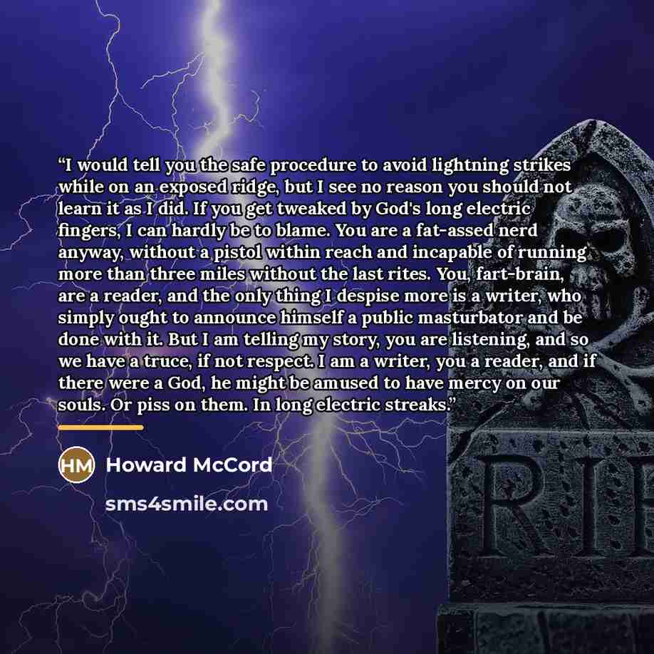 “I would tell you the safe procedure to avoid lightning strikes while on an exposed ridge, but I see no reason you should not learn it as I did. If you get tweaked by God's long electric fingers, I can hardly be to blame. You are a fat-assed nerd anyway, without a pistol within reach and incapable…” quote by Howard McCord