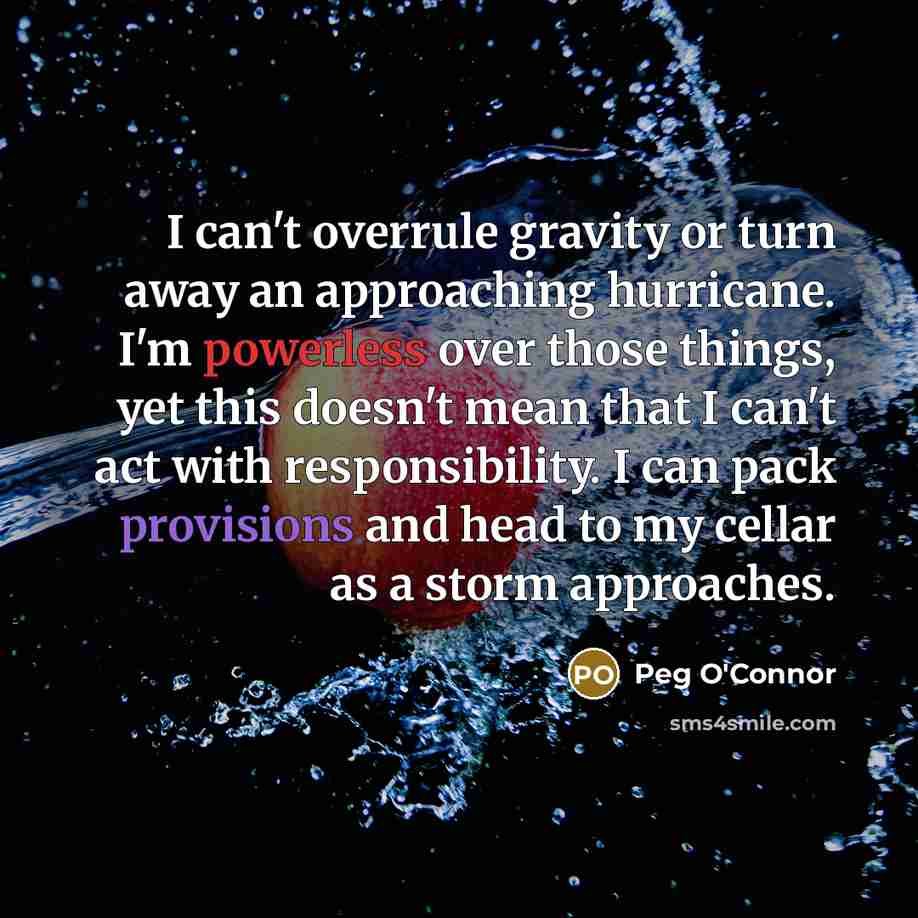 “I can't overrule gravity or turn away an approaching hurricane. I'm powerless over those things, yet this doesn't mean that I can't act with responsibility. I can pack provisions and head to my cellar as a storm approaches.” quote by Peg O'Connor