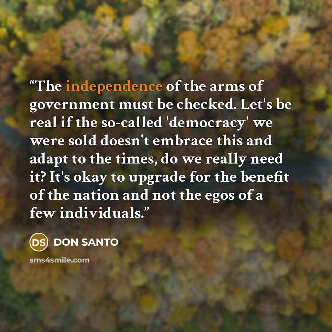 “The independence of the arms of government must be checked. Let's be real if the so-called 'democracy' we were sold doesn't embrace this and adapt to the times, do we really need it? It's okay to upgrade for the benefit of the nation and not the egos of a few individuals.” quote by DON SANTO