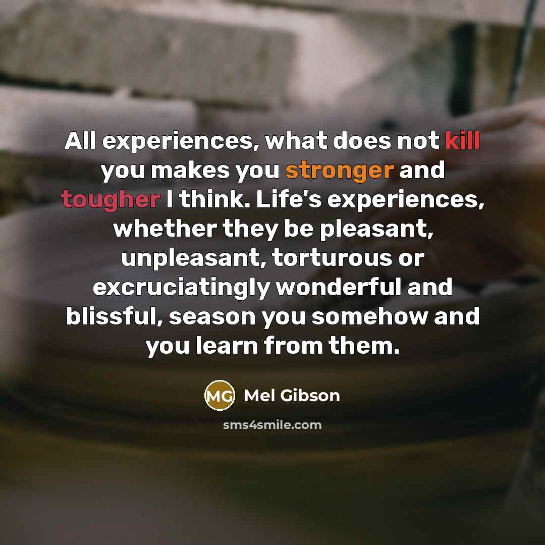 “All experiences, what does not kill you makes you stronger and tougher I think. Life's experiences, whether they be pleasant, unpleasant, torturous or excruciatingly wonderful and blissful, season you somehow and you learn from them.” quote by Mel Gibson