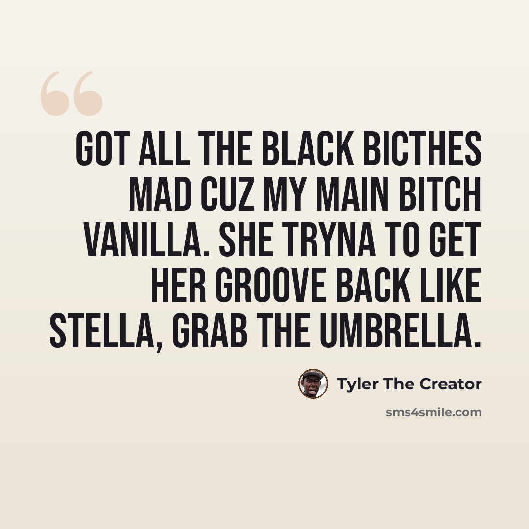 “Got all the black bicthes mad cuz my main bitch vanilla. She tryna to get her groove back like stella, grab the umbrella.” quote by Tyler The Creator