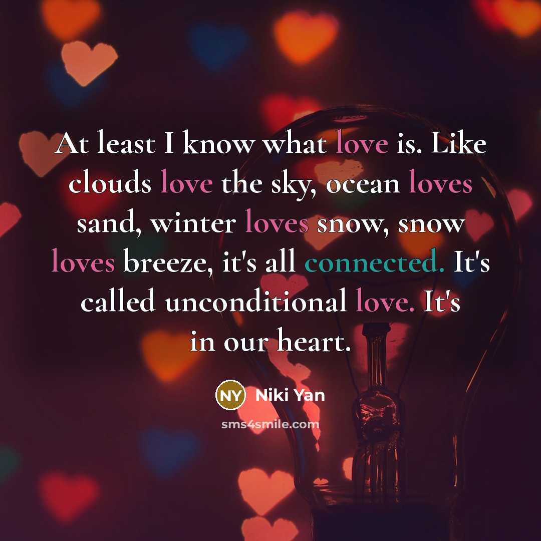 “At least I know what love is. Like clouds love the sky, ocean loves sand, winter loves snow, snow loves breeze, it's all connected. It's called unconditional love. It's in our heart.” quote by Niki Yan