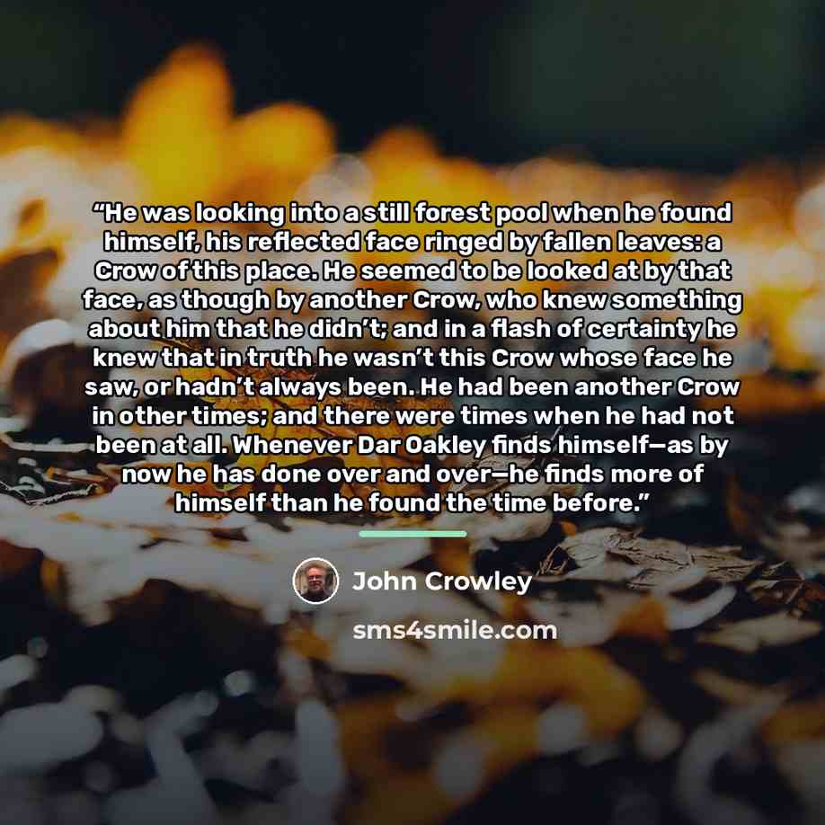 “He was looking into a still forest pool when he found himself, his reflected face ringed by fallen leaves: a Crow of this place. He seemed to be looked at by that face, as though by another Crow, who knew something about him that he didn’t; and in a flash of certainty he knew that in truth he…” quote by John Crowley
