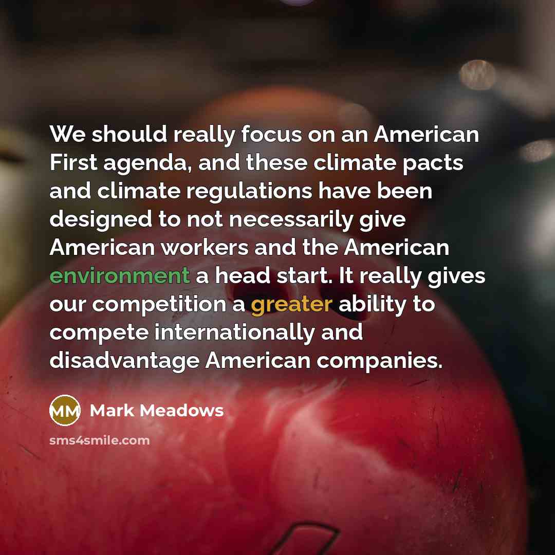 “We should really focus on an American First agenda, and these climate pacts and climate regulations have been designed to not necessarily give American workers and the American environment a head start. It really gives our competition a greater ability to compete internationally and disadvantage…” quote by Mark Meadows