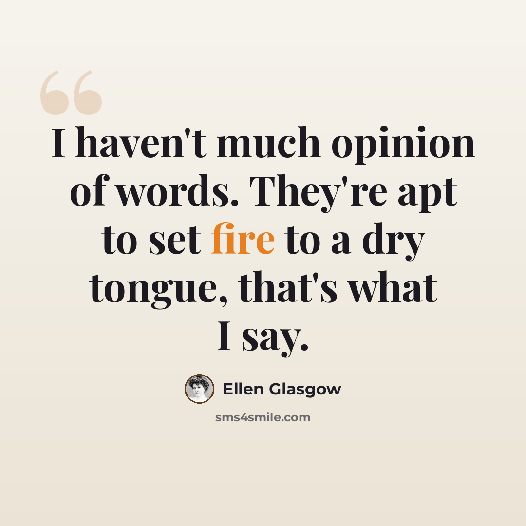 “I haven't much opinion of words. They're apt to set fire to a dry tongue, that's what I say.” quote by Ellen Glasgow