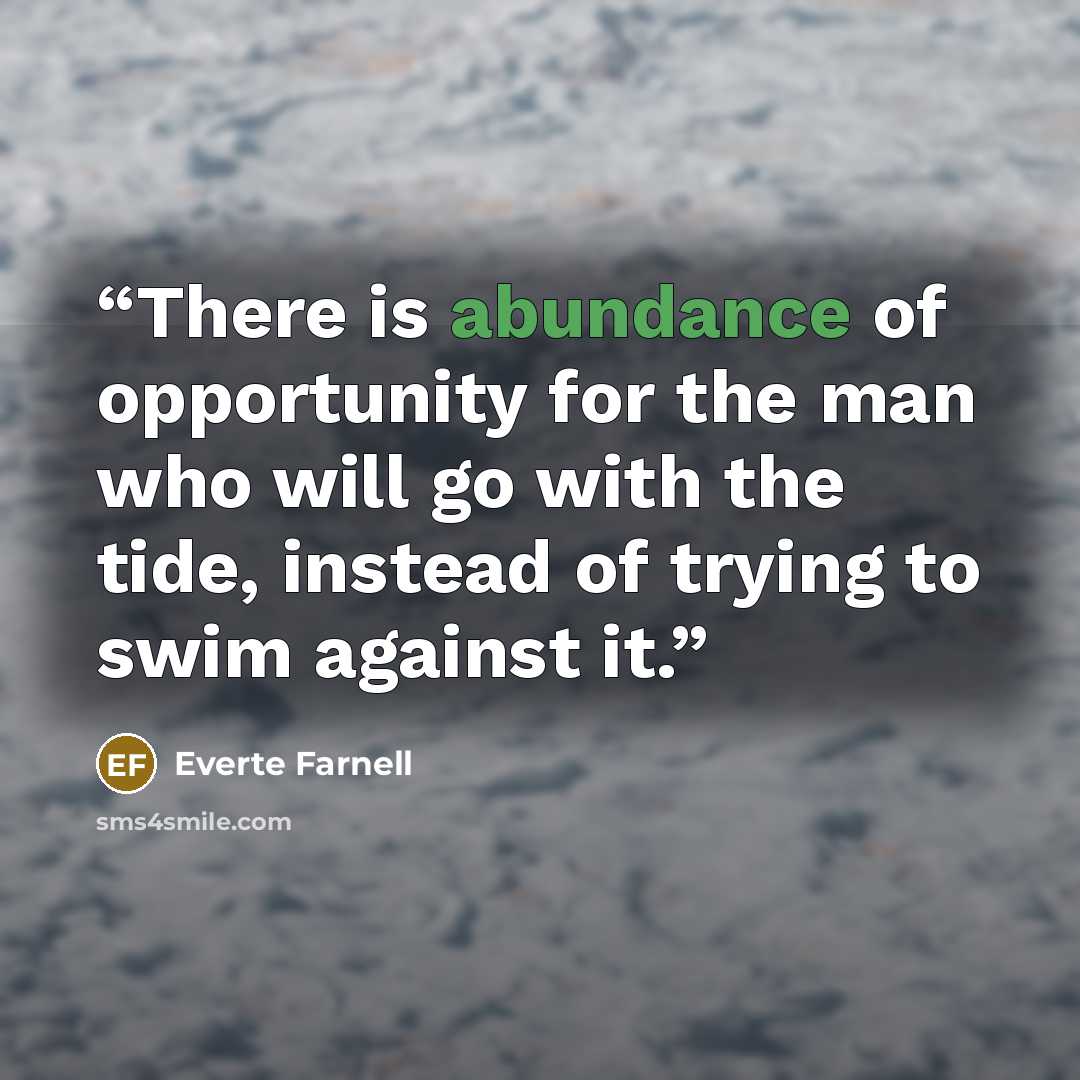 “There is abundance of opportunity for the man who will go with the tide, instead of trying to swim against it.” quote by Everte Farnell