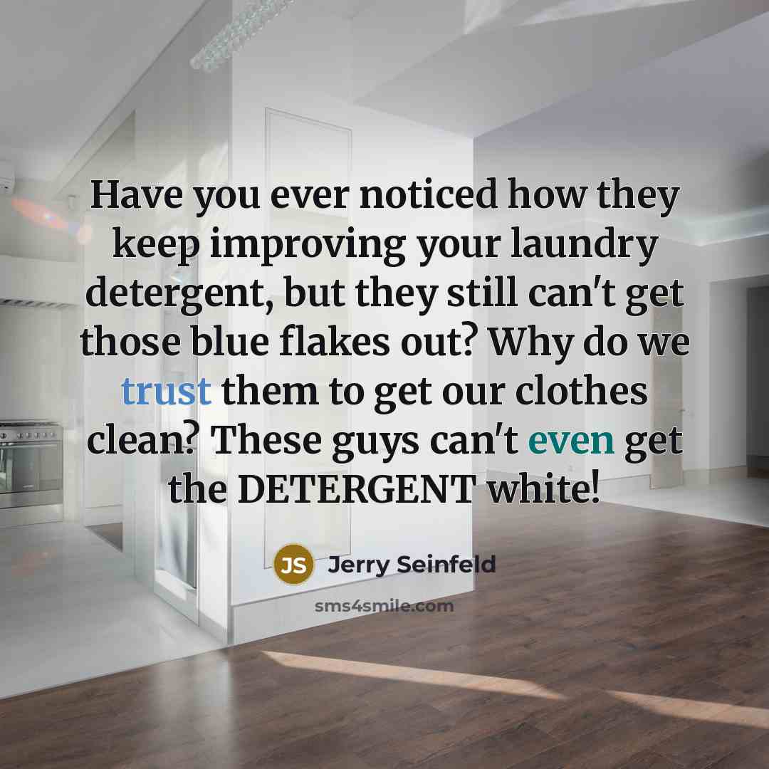 “Have you ever noticed how they keep improving your laundry detergent, but they still can't get those blue flakes out? Why do we trust them to get our clothes clean? These guys can't even get the DETERGENT white!” quote by Jerry Seinfeld
