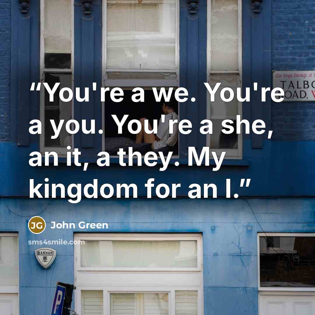 “You're a we. You're a you. You're a she, an it, a they. My kingdom for an I.” quote by John Green