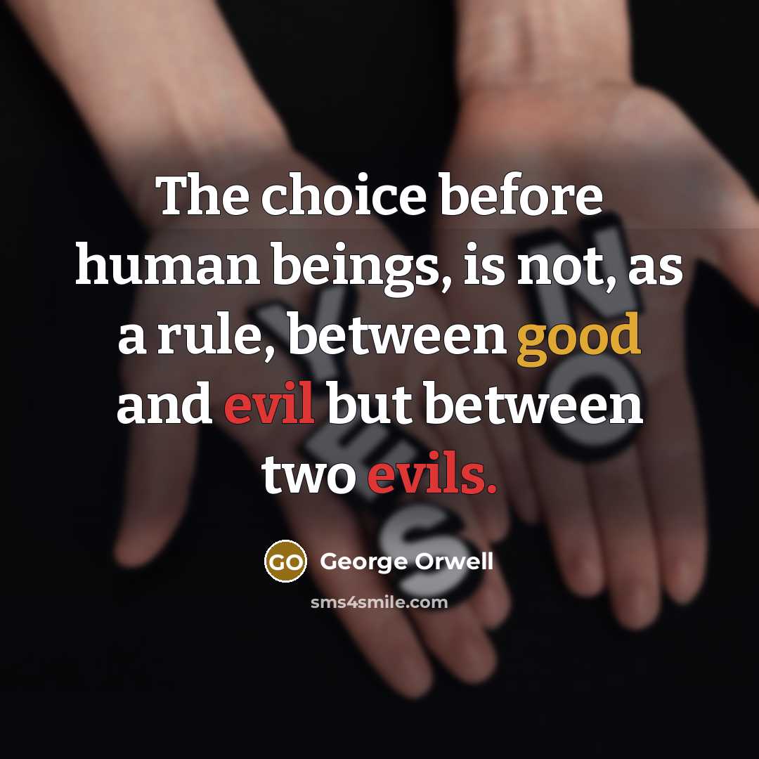 “The choice before human beings, is not, as a rule, between good and evil but between two evils.” quote by George Orwell