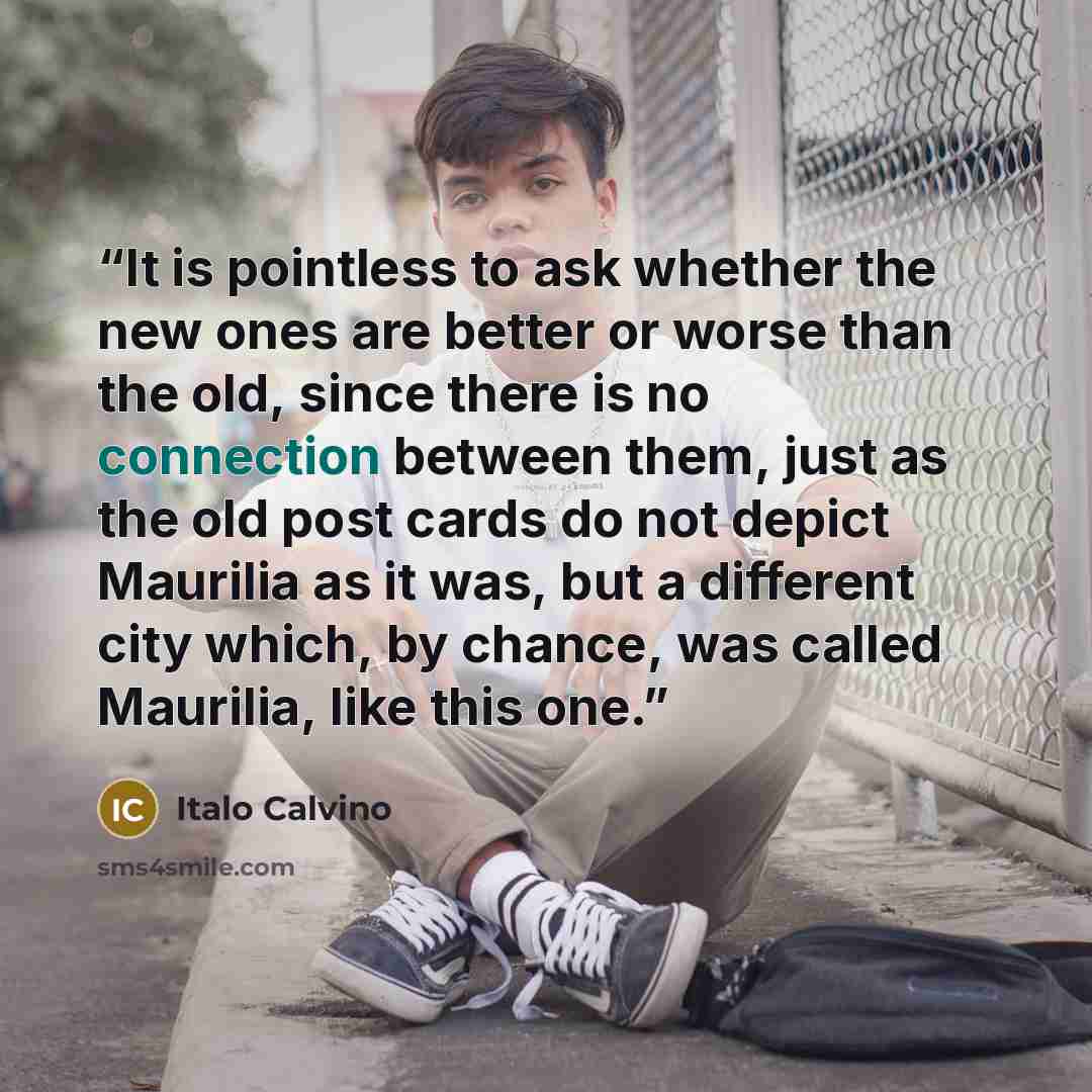 “It is pointless to ask whether the new ones are better or worse than the old, since there is no connection between them, just as the old post cards do not depict Maurilia as it was, but a different city which, by chance, was called Maurilia, like this one.” quote by Italo Calvino