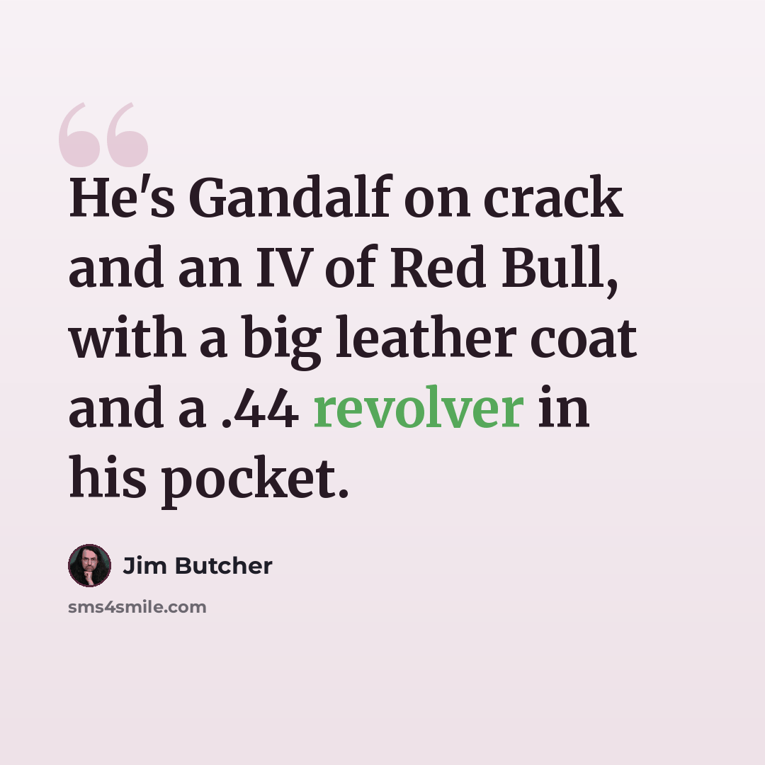 “He's Gandalf on crack and an IV of Red Bull, with a big leather coat and a .44 revolver in his pocket.” quote by Jim Butcher