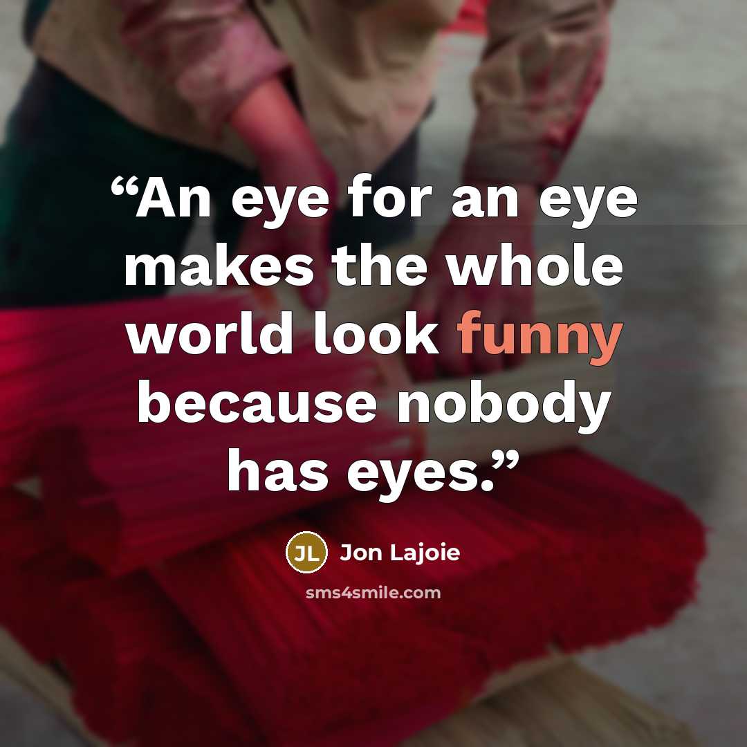 “An eye for an eye makes the whole world look funny because nobody has eyes.” quote by Jon Lajoie