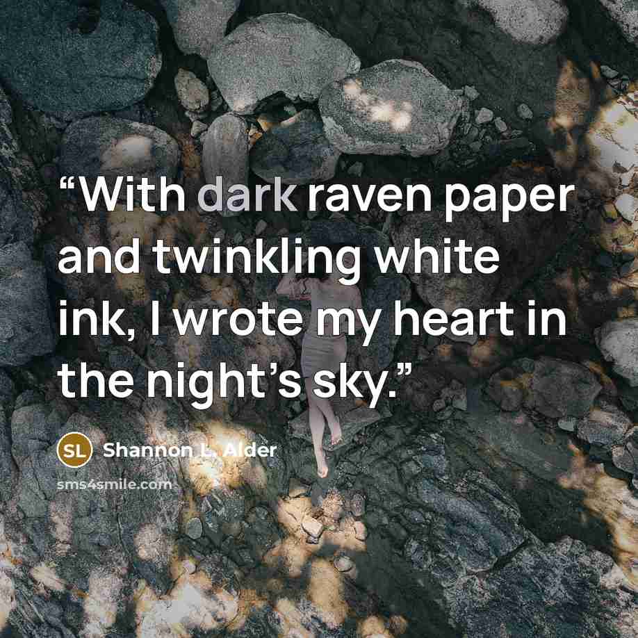 “With dark raven paper and twinkling white ink, I wrote my heart in the night’s sky.” quote by Shannon L. Alder
