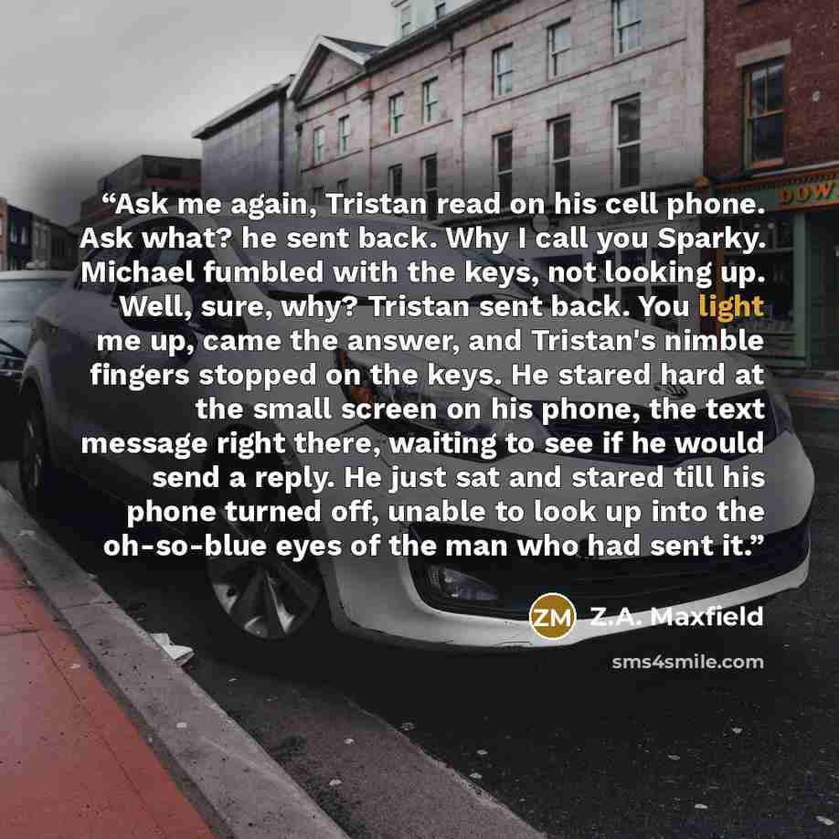 “Ask me again, Tristan read on his cell phone. Ask what? he sent back. Why I call you Sparky. Michael fumbled with the keys, not looking up. Well, sure, why? Tristan sent back. You light me up, came the answer, and Tristan's nimble fingers stopped on the keys. He stared hard at the small screen on…” quote by Z.A. Maxfield