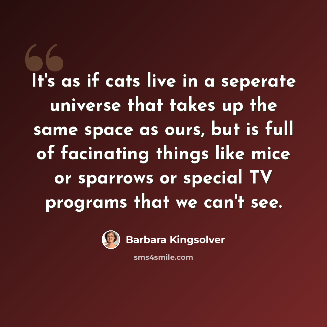 “It's as if cats live in a seperate universe that takes up the same space as ours, but is full of facinating things like mice or sparrows or special TV programs that we can't see.” quote by Barbara Kingsolver